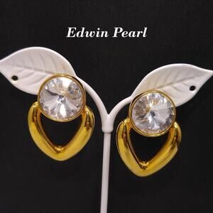 Vintage 1990 Edwin Pearl PEP Gold Tone Crystal Rivoli Earrings Statement Jewelry